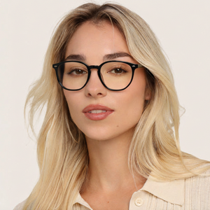 Woman wearing black round glasses