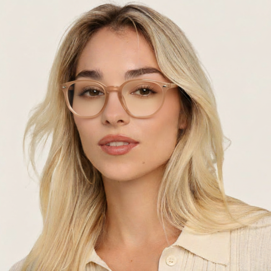 Woman wearing beige round glasses