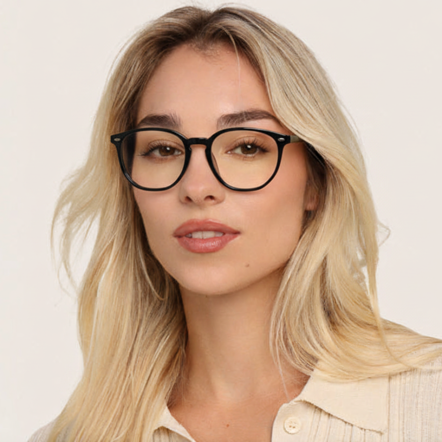 Woman wearing black round glasses